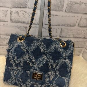 Frayed Denim Chain Shoulder Bag